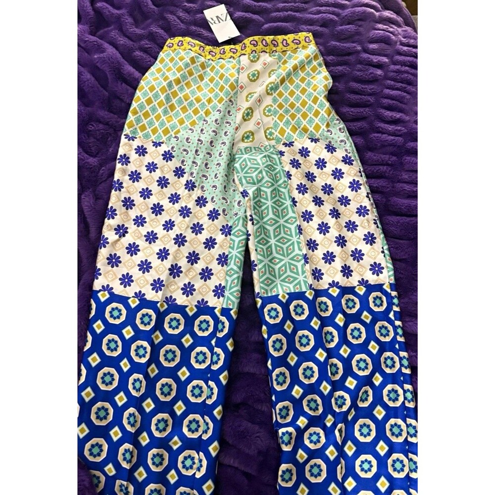 Zara Patchwork Print Wide Leg Trousers Womens Medium M NWT Geometric Blue Green